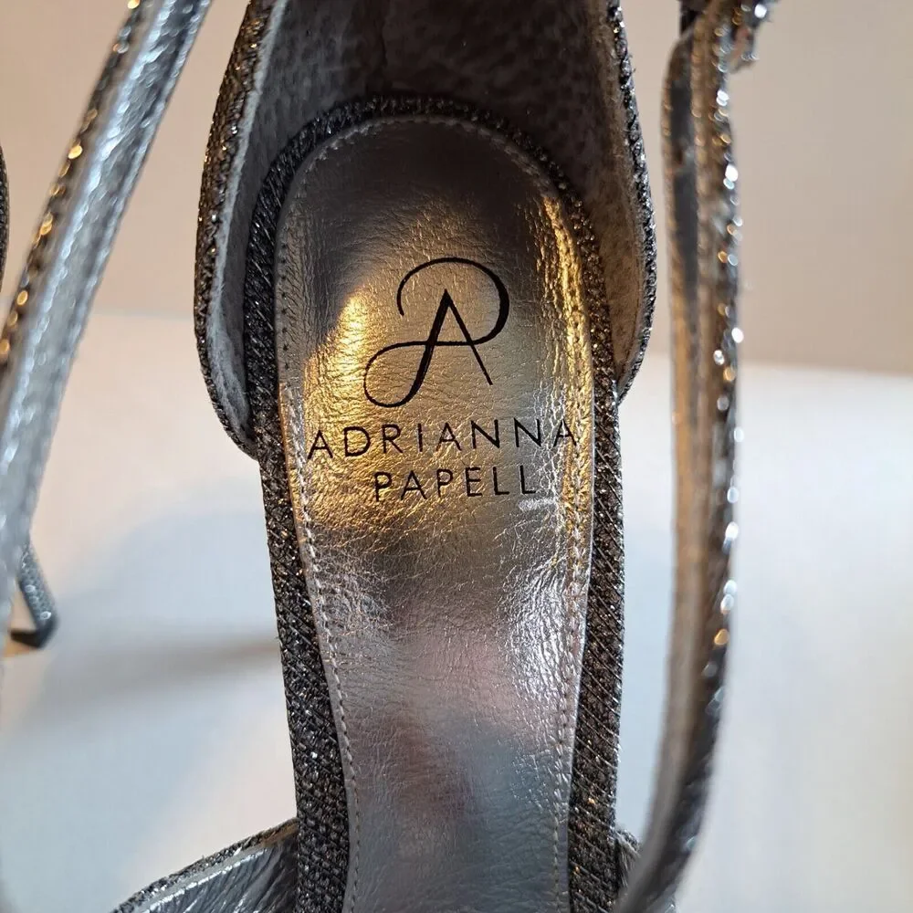 Adrianna Papell Rosalie Pewter Lancelot High Heels Pumps Open Toe Glittery 5.5M